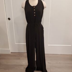 Blue Leopard women’s Black Ribbed knit Racerback Jumpsuit See Measurements